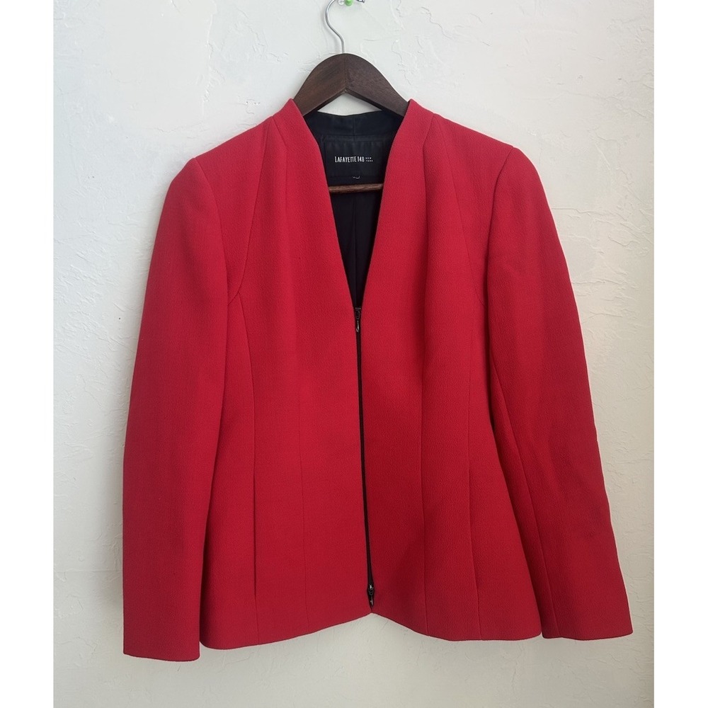 Lafayette 148 New York Tara Scuba Virgin Wool Jacket Zip Red L Designer Classic